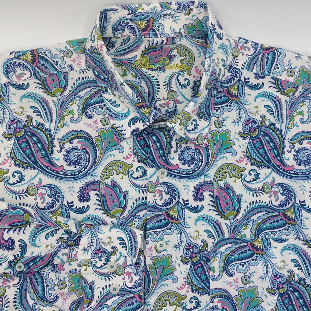 Alan Fleusser Paisley Print Shirt Men's Size Large Colorful Button Up Modern Man